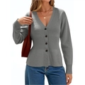 Elegant grey long sleeve knit cardigan with V-neck, waist slimming ribbing, and buttons - S / Gray
