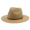 Khaki Panama Strohhut mit braunem Lederband und goldener Schnalle für den Sonnenschutz - M (56-58cm) / Khaki