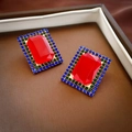Vintage gold earrings featuring a large red rectangular crystal with green and blue trim - Retro Square Diamond-set Red Gem Style (38#银针-方形镶钻)
