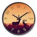 12-inch silent wall clock with orange sunset mountains and reindeer silhouette - 007H Mountains Reindeer-Black Frame