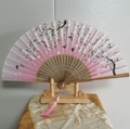 Pink Chinese folding fan with cherry blossom pattern, wooden frame and silk tassel - Jade Tree and Orchid