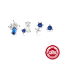 Set mit 4 Ohrsteckern aus S925 Sterlingsilber mit blauen und klaren Schmucksteinen - Geometrischer Edelsteinstil / Silber