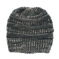 Détail de la texture en maille épaisse multicolore sur ce bonnet d'hiver chaud - Vert Bleu Beige