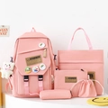 Pink nylon 5-piece school backpack set with tote, pencil case, and plush bear charm - Pink