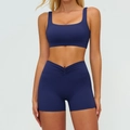 Completo yoga due pezzi blu navy con pantaloncini a vita alta a V e reggiseno sportivo - Taglia S / Top E Pantaloni / Reggiseno + Pantaloncini / Blu Notte