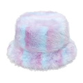 Dettaglio della spessa trama in ecopelliccia arcobaleno pastello di questo cappello invernale - Strisce Blu Viola Rosa (D)