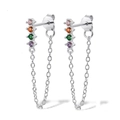 Detailed view of silver drop earrings with multi-color cubic zirconia and thin chain dangles - White Gold - Colorful Zirconia