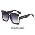 Chic square sunglasses with black frame, gold accents and purple gray gradient lenses - Black Frame Double Gray Lens