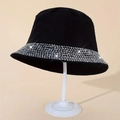 Chic black bucket hat featuring sparkling silver rhinestone trim on the brim edges - Black Grey Rhinestone Style