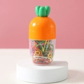 Carrot-shaped paper clip holder with colorful metal clips on a white platform - Multicolor Paper Clips / 100 Pcs/Box
