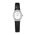 Elegant oval silver watch for women with rhinestone bezel and black leather strap - Black Leather Silver Case (Roman Dial)