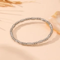 Macro view of polished silver bead and textured ring link bracelet with secure clasp - Steel Alternating Oval & Round Bead Style (S502)