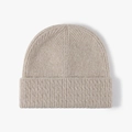 Winter ribbed knit beanie in beige featuring a wide fold-over cuff and thermal texture - One Size / Khaki (24B041)