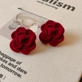 Macro view of 14k gold plated velvet camellia earrings with layered red petals - 11# Silver Needle - Red Velvet Camellia