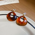 Elegant tortoiseshell resin teardrop earrings with sparkling zircon stud in gold finish - Teardrop Hollow Gem (122#) / Gold Dark Brown