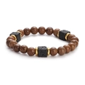 Beaded bracelet with brown wood grain beads and black lava rock cube accents - Dark Brown Wood With Gold Spacers