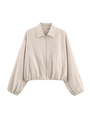 Detail of beige puffer jacket zipper, classic collar and elasticized hem and cuffs - S / White