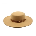 French vintage wool felt flat top boater hat with camel brown leather belt buckle strap - M(56-58cm) / Camel
