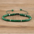 Detail of adjustable woven bracelet with green cylinder stones and silver spacers - No.8 Dark Green Jade