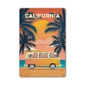 Vintage California beach tin sign with yellow surf van and palm trees at sunset - 11540(33) / 20*30cm