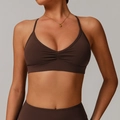 Quick-dry V-neck sports bra and high-waist leggings set in deep brown stretch fabric - S / Coffee