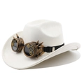 Steampunk white felt cowboy hat featuring bronze goggles with vintage gear and spike details - M(56-58cm) / Cream