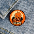 Halloween ghost cat and pumpkin metal brooch on blue denim background with text - Orange Background HALLOWEEN Letters Style (XZ6938)