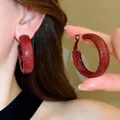 Deep red C-shaped hoop earrings with unique textured finish and metal posts - 58# Silver Needle - Wine Red - ID 31mm