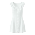 White mini dress with lace ruffle square neckline and button front detail on white background - S / White