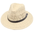 Classic beige woven Panama straw hat with black leather band and metal buckle for men - Beige