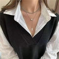 Collana a doppio strato in acciaio al titanio argento con ciondolo a cuore donna - Doppio Strato Fagiolo della Fortuna Targhetta Rettangolare / Argento