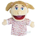 Family hand puppet with curly blonde hair and floral dress for role-play fun - Half Body Daughter