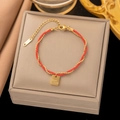 Red cord and gold bead chain bracelet with square Good Luck engraved pendant - Gold Good Luck Red String Bracelet (SLE49)