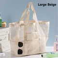 Große beige Strandtasche aus Netzstoff mit Segeltuchgriffen und Vordertasche für den Sommer - Groß / Beige