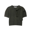 Women's dark olive green short-sleeved knit sweater with 3D bow on shoulder - S / Olive Green
