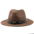 Brown wide brim straw fedora with leather band and metal floral rivet details - Coffee