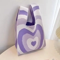 Knitted heart pattern wrist bag in purple and white festive crochet yarn style - 20*35cm / Purple Heart