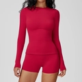 Slim fit red long sleeve yoga set with crew neck sports top and matching biker shorts - S / Tops / Raspberry Red