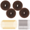 Hair styling set with 4 brown bun donuts, 10 beige hairnets and 20 black U-shaped pins - 24-Piece Set (5cm) / Light Coffee