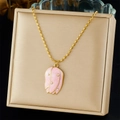 Elegant gold snake chain necklace with a pink marble tulip pendant and pearl accents - Pink Tulip Style (N3568)