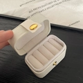 Mini portable cream faux leather jewelry travel case with five ring slots and snap button - White