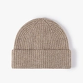 Thick ribbed knit wool beanie in light beige color with wide folded cuff for winter - One Size / Camel