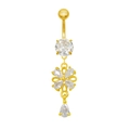 Detail of gold belly button ring featuring white zircon flower and teardrop pendants - White(24060701-1)