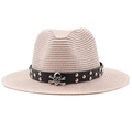 Unisex straw fedora hat with leather belt and metal skull detail for beach and travel - Nude Pink