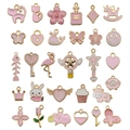 24-piece pink and gold enamel alloy charms set featuring cats, flowers, and unicorns - Pink Enamel Mix (HK549)