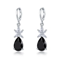 Elegant silver earrings with black teardrop zircon stones and flower-shaped accents - Black Rhinestone