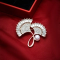 Elegant gold metal brooch with crystals and white pearl on a red velvet jewelry box - Style 39-2 Fan Shape Flower (4.5*4.5cm/10g)