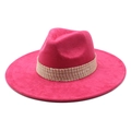 Detail of fuchsia suede fedora featuring a gold textured woven hat band and wide brim - M(56-59CM) / Rose Red