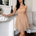 Elegant champagne sleeveless cocktail dress with sequins and sheer tulle fabric - S / Champagne