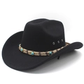 Classic black wool western cowboy hat with turquoise beaded rope band on white background - M (56-58cm) / Black